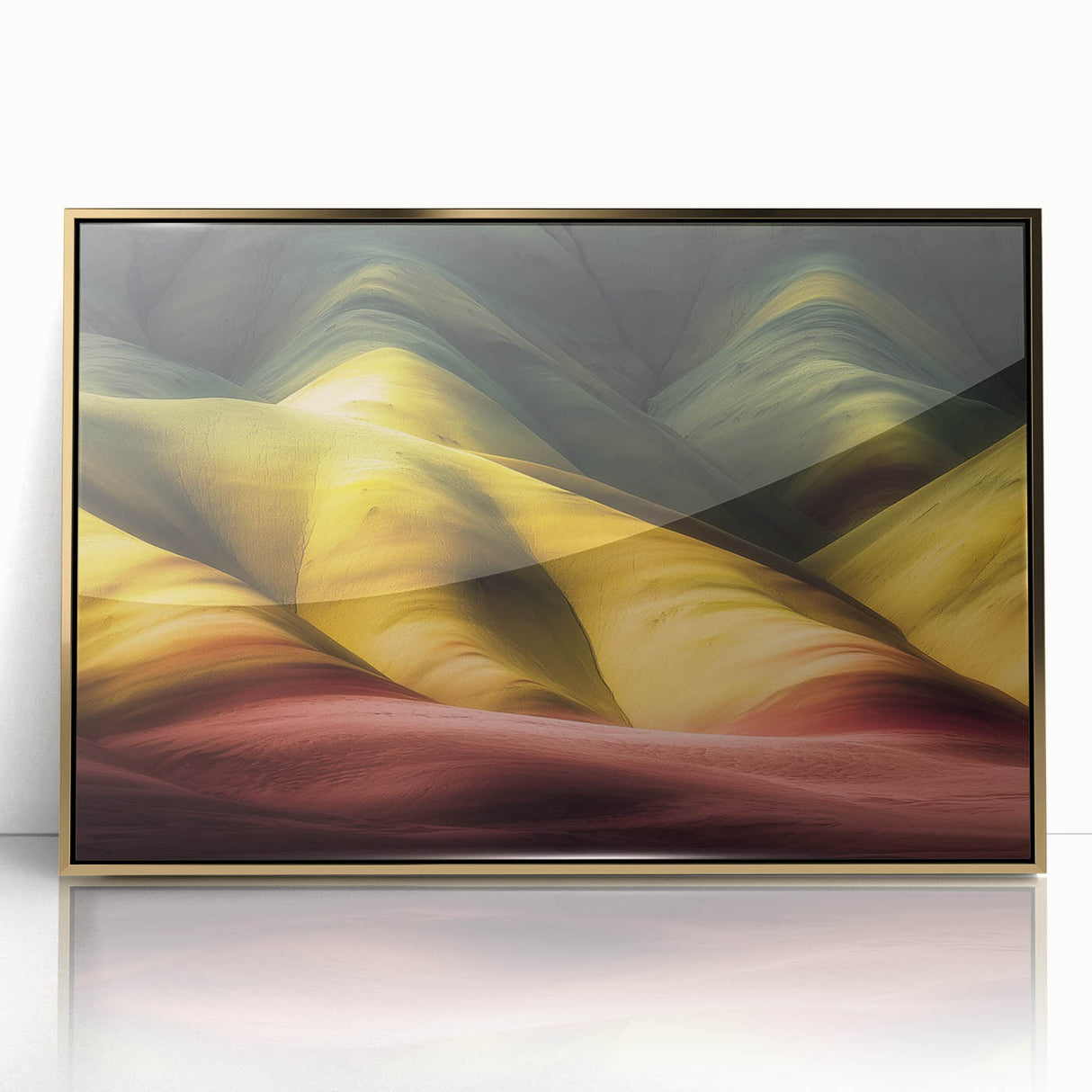 Framed acrylic artwork depicting a stunning landscape of canyons in warm gold tones, ideal for enhancing home decor with a touch of elegance and nature-inspired beauty. Perfect for art enthusiasts seeking a striking focal point.