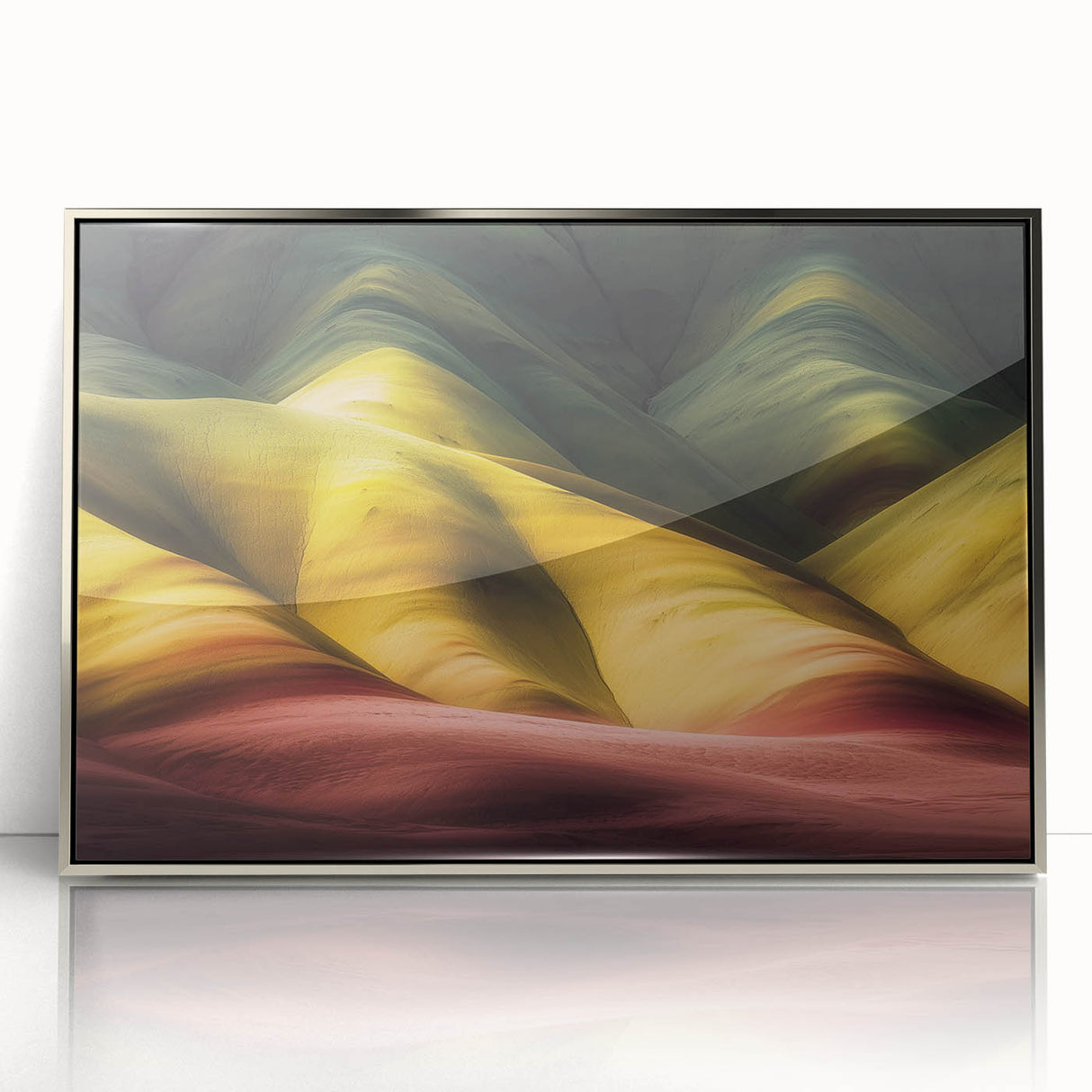Framed acrylic artwork depicting a stunning canyon landscape, featuring vibrant colors and intricate textures, ideal for modern home decor.