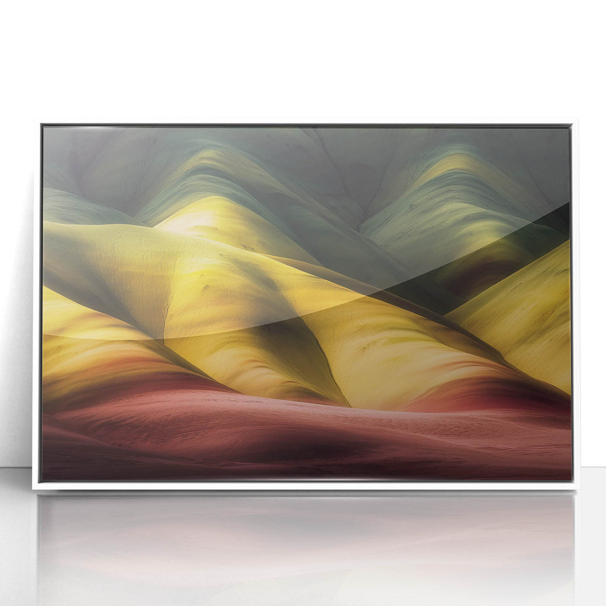 Framed acrylic artwork depicting a vibrant landscape of majestic canyons with striking colors, ideal for home decor and enhancing interior spaces.