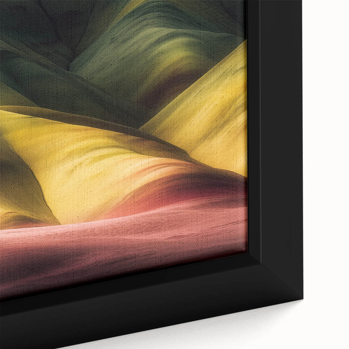 Close-up of a framed landscape canvas featuring vibrant canyons in rich earth tones, showcasing intricate textures and natural beauty, ideal for home decor.