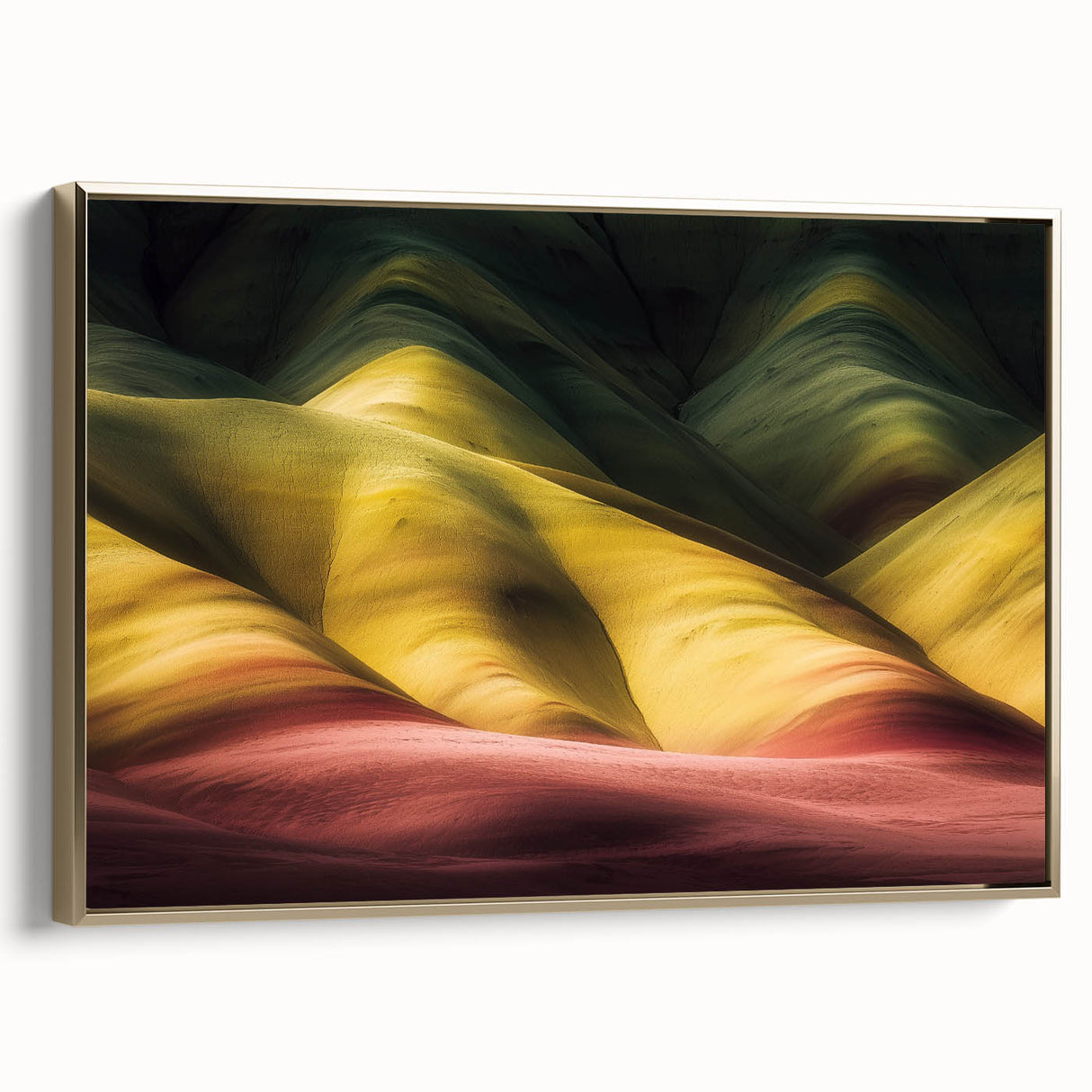 Framed landscape canvas artwork showcasing vibrant canyons with rich gold accents. The side view highlights the elegant frame, ideal for modern home decor.