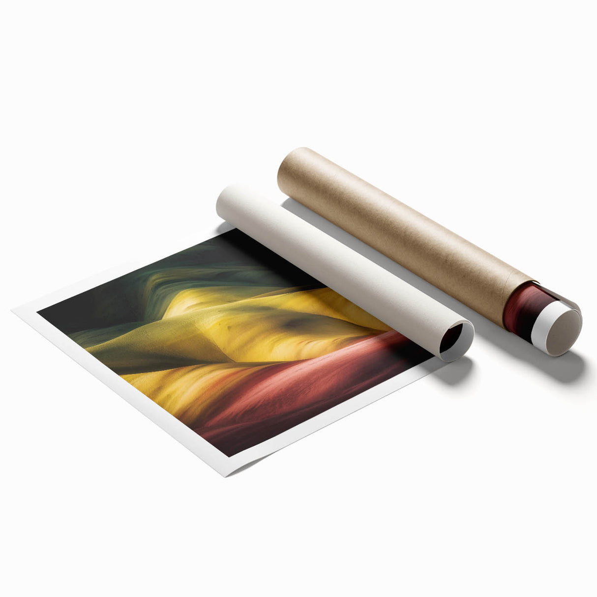 Stunning landscape print showcasing vibrant canyons under a clear blue sky, rolled for easy transport, perfect for home or office decor. Ideal for nature lovers.