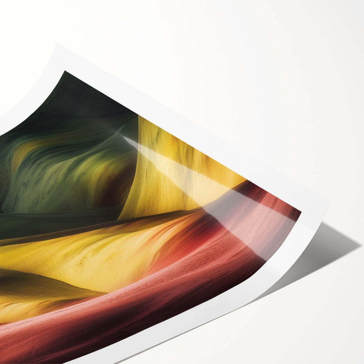 Landscape print showcasing vibrant canyons in rich earth tones, rolled and ready for display. Ideal for home decor or office spaces, adding a touch of natural beauty.