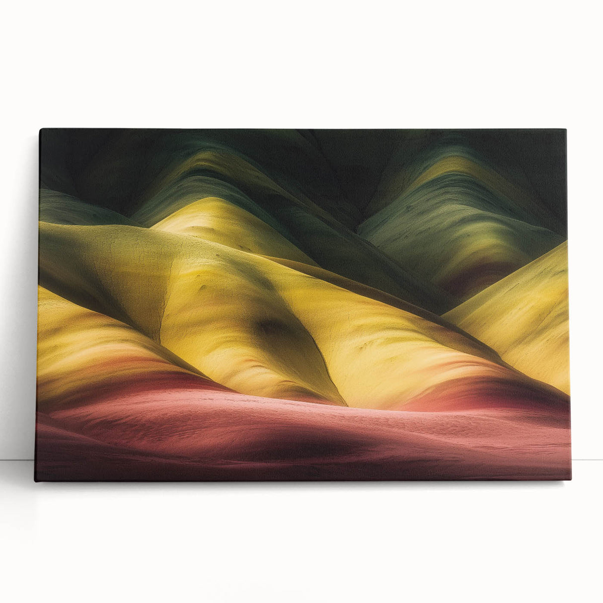 Stretched canvas artwork depicting a vibrant landscape of canyons with textured details and rich colors, ideal for home decor and art enthusiasts.