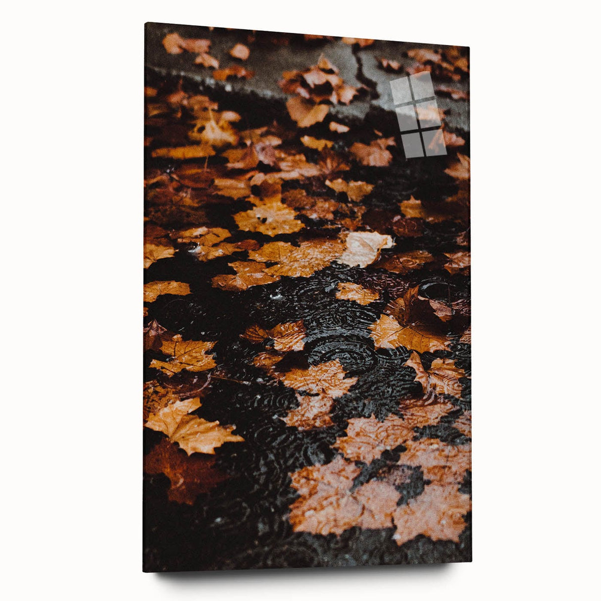 Large abstract wall art depicting fall seasons in orange and brown tones on acrylic glass.