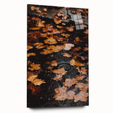 Large abstract wall art depicting fall seasons in orange and brown tones on acrylic glass.