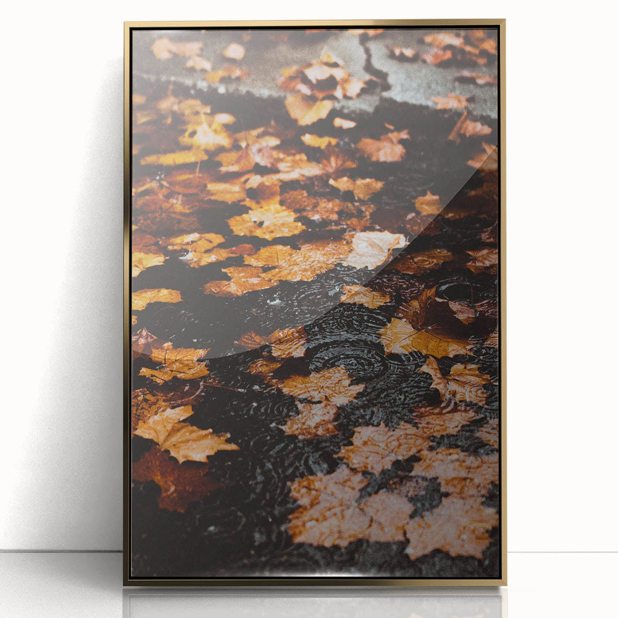 Large art print of a mid-century modernist fall scene in gold tones on acrylic, ideal for modern nursery wall decor.