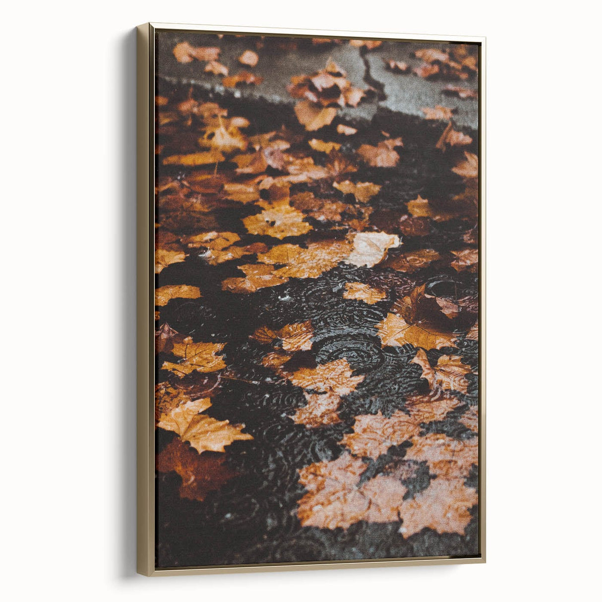Framed canvas depicting a vintage-style landscape with autumnal trees in gold and black tones, ideal for bedroom wall decor.