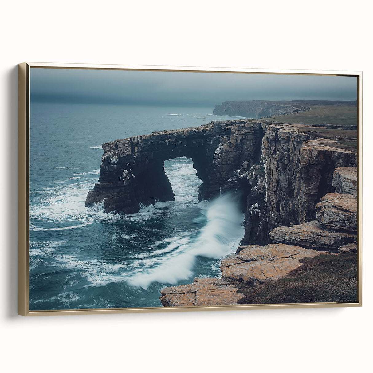 Framed canvas artwork depicting a stunning landscape of cliffs with vibrant colors and intricate details, featuring a gold frame that enhances its elegance. Perfect for adding a touch of sophistication to any decor.