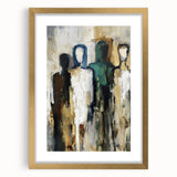 Abstract figurative artwork framed in a gold mat, showcasing a modern design with flowing shapes and vibrant colors, ideal for contemporary decor.