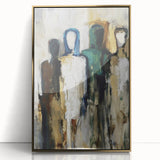Framed acrylic artwork featuring an abstract figurative design with gold accents, set against a sleek black background, perfect for modern home decor.