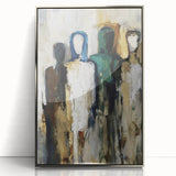 Framed abstract figurative art piece in silver acrylic, showcasing fluid shapes and vibrant colors, perfect for modern home decor or art enthusiasts.