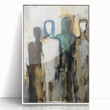 Framed acrylic artwork showcasing an abstract figurative design with bold colors and fluid shapes, perfect for modern decor in contemporary settings.