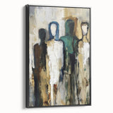 Framed abstract figurative canvas artwork showcasing a modern design with bold black accents, viewed from the side, ideal for contemporary home decor.