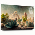 Abstract floral wall art design printed on acrylic glass, showcasing vibrant colors and intricate details. The side view highlights the pin mounting on a clean, modern display.