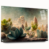 Abstract floral wall art design printed on acrylic glass, showcasing vibrant colors and intricate details. The side view highlights the pin mounting on a clean, modern display.