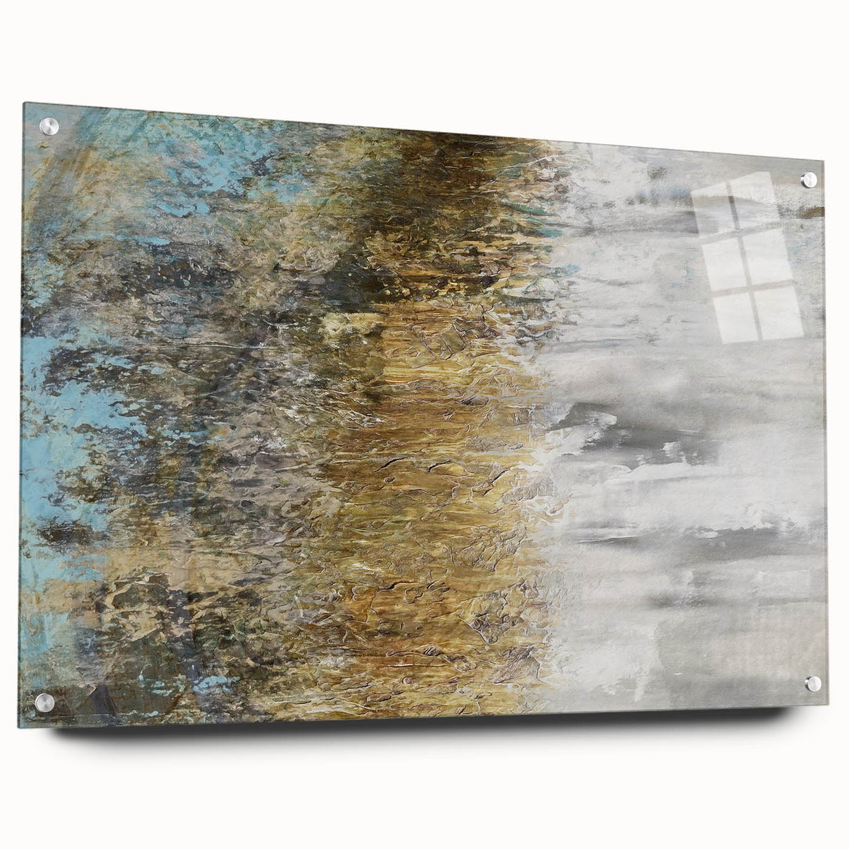 Abstract landscape wall art displayed in a side view, showcasing vibrant colors and intricate details, framed in acrylic glass with visible mounting pins for an elegant finish. Ideal for modern decor, this piece enhances any living space with its artistic flair.