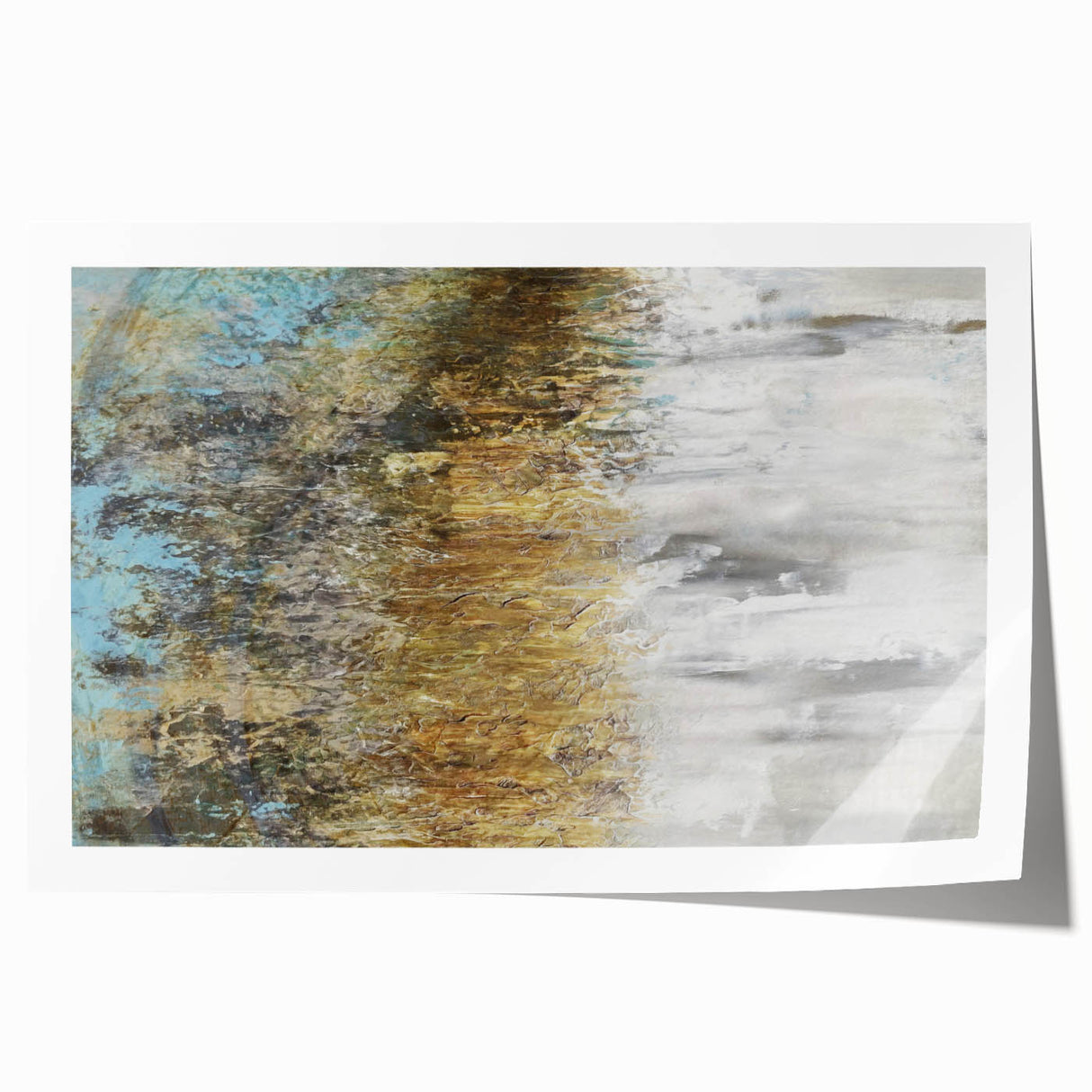 Abstract landscape wall art print showcasing vibrant colors and dynamic shapes, ideal for modern home decor. Carefully rolled for shipping, this artwork adds a contemporary touch to any space.