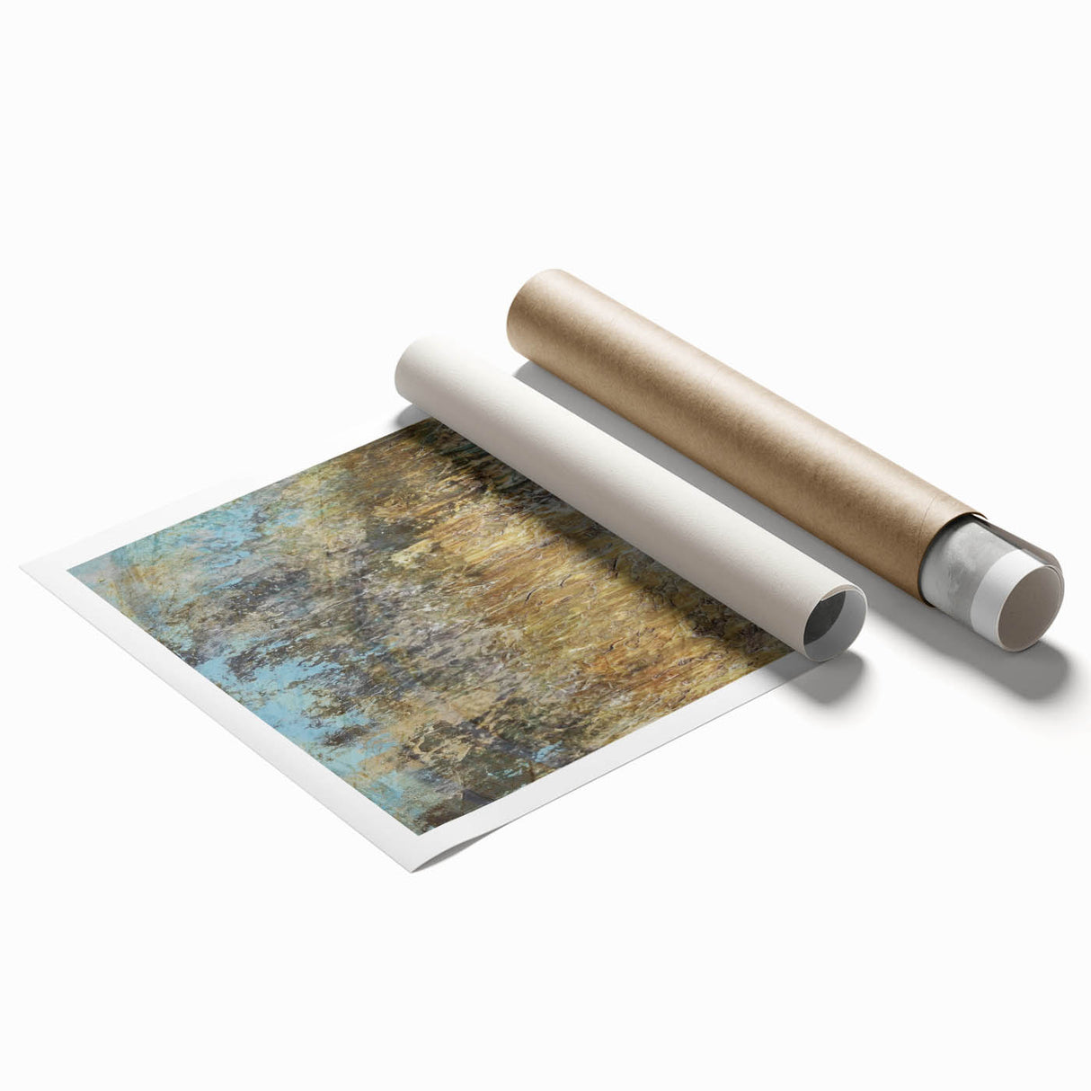 Abstract landscape wall art print showcasing vibrant colors in a fluid design, rolled for shipping, perfect for modern home decor or office aesthetics.
