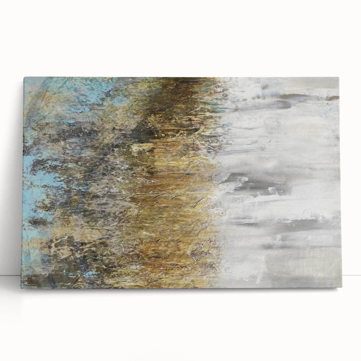 Abstract landscape wall art on stretched canvas, showcasing vibrant colors and fluid shapes, adding a modern touch to home decor. Perfect for contemporary interiors.