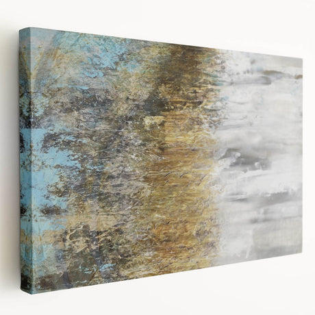 Abstract landscape wall art on stretched canvas showcasing vibrant colors and dynamic shapes, displayed in a side view to highlight its texture and depth. Perfect for modern home decor.