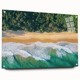 Acrylic wall art featuring a vibrant beach landscape design, viewed from the side and secured with decorative pins. Perfect for adding a coastal touch to any room.