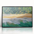 Framed acrylic artwork showcasing a serene beach landscape with gentle waves and a clear blue sky, set in a sleek black frame for modern decor. Ideal for coastal-themed interiors.