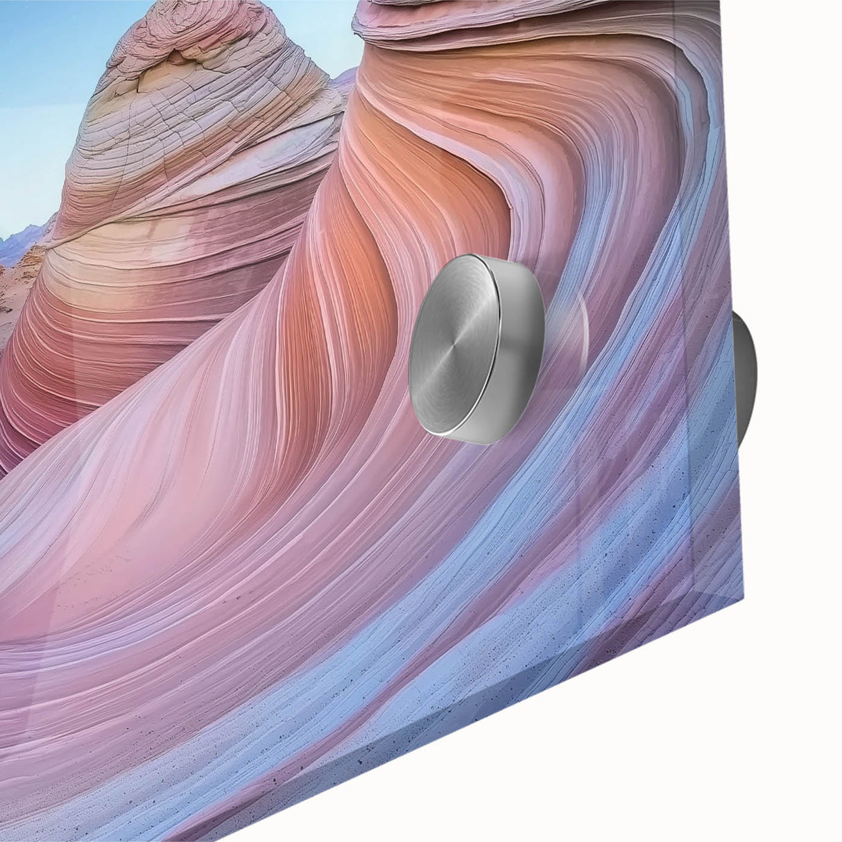 Close-up of a vibrant acrylic landscape print showcasing intricate canyon details, rich colors, and smooth glass finish, ideal for modern home decor.