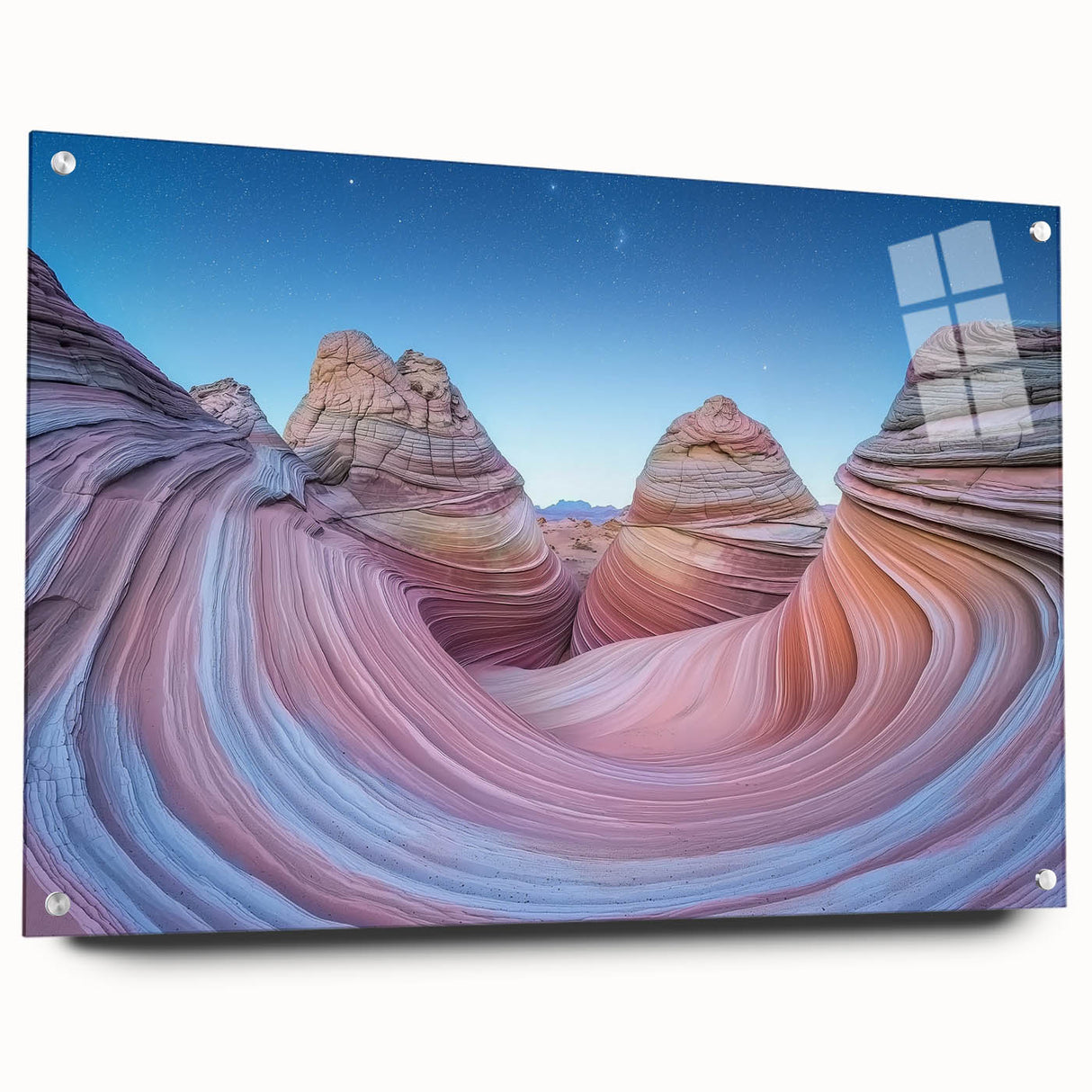 Acrylic glass artwork showcasing a stunning landscape of canyons in vibrant colors, displayed in a side view with decorative pins, perfect for modern home decor.