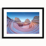 Landscape art piece showcasing a stunning canyon scene, framed in sleek black with a matte finish, ideal for home decor enthusiasts seeking nature-inspired aesthetics.