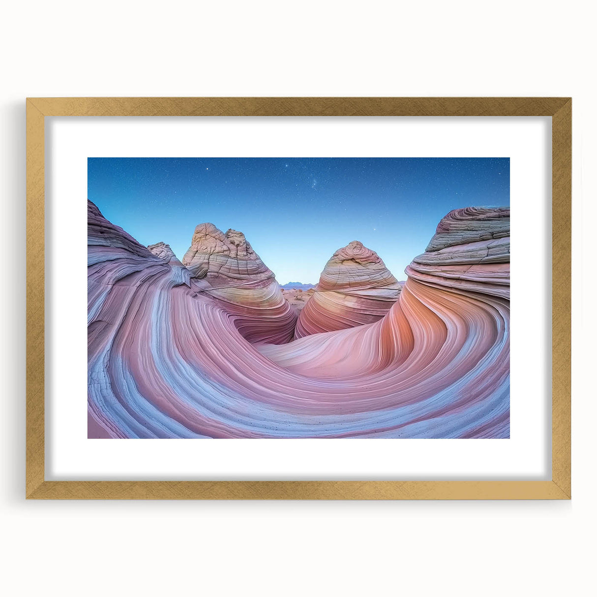 Landscape artwork of canyons framed in an elegant gold mat, showcasing vibrant earth tones and intricate details, perfect for enhancing any living space.