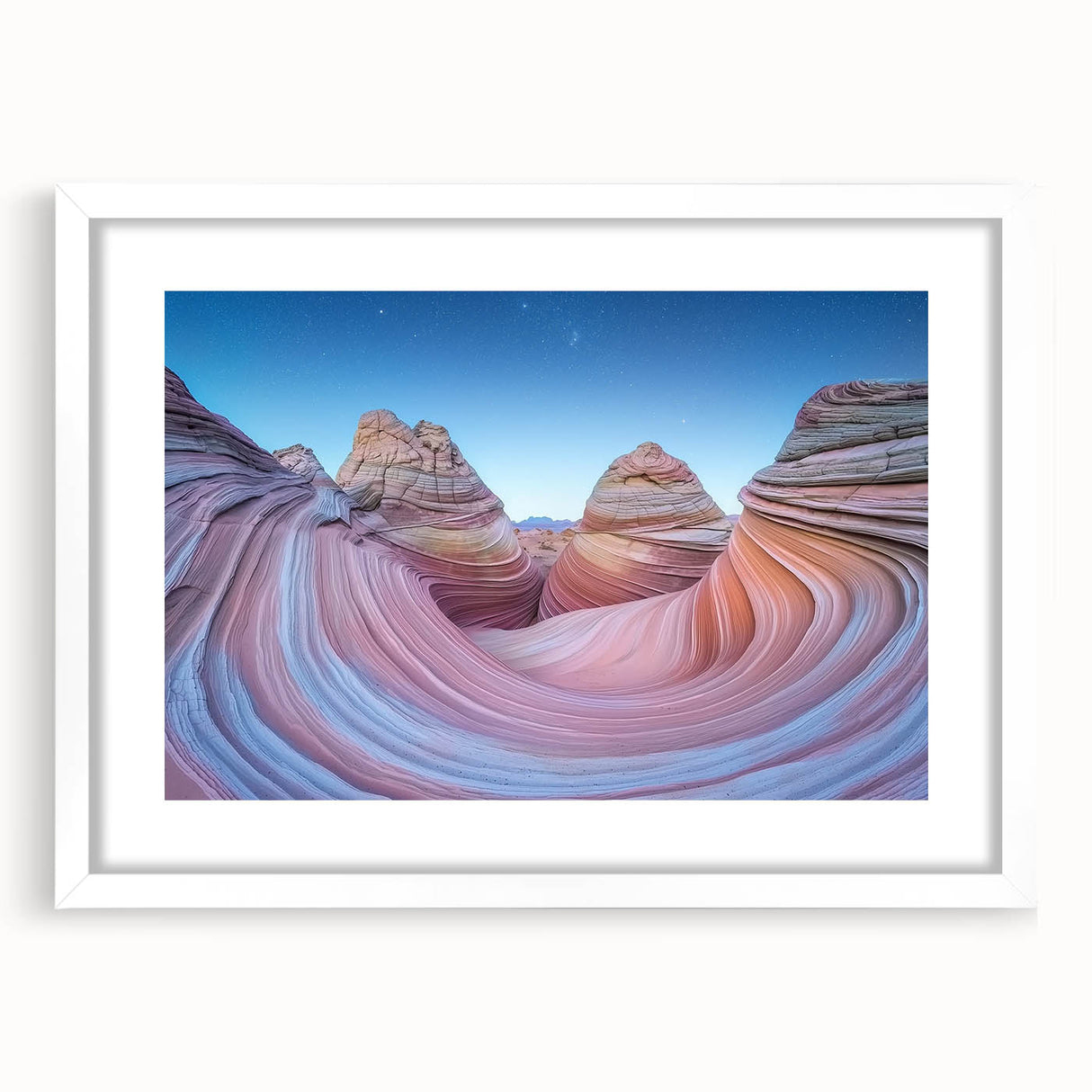 Landscape art print showcasing a stunning canyon scene framed with a white mat, perfect for home decor. Ideal for nature enthusiasts seeking vibrant colors.