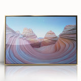 Framed acrylic artwork showcasing a stunning landscape of canyons with rich gold tones, perfect for enhancing modern home decor. Ideal for art enthusiasts and interior design lovers.