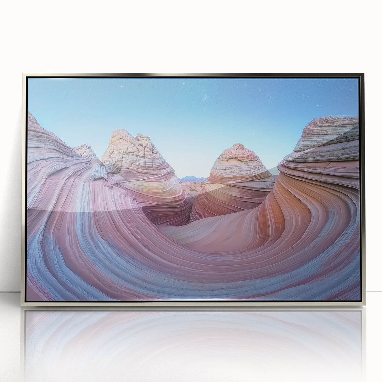 Framed acrylic artwork showcasing a stunning landscape of canyons with vibrant colors and intricate details, perfect for enhancing modern home decor.