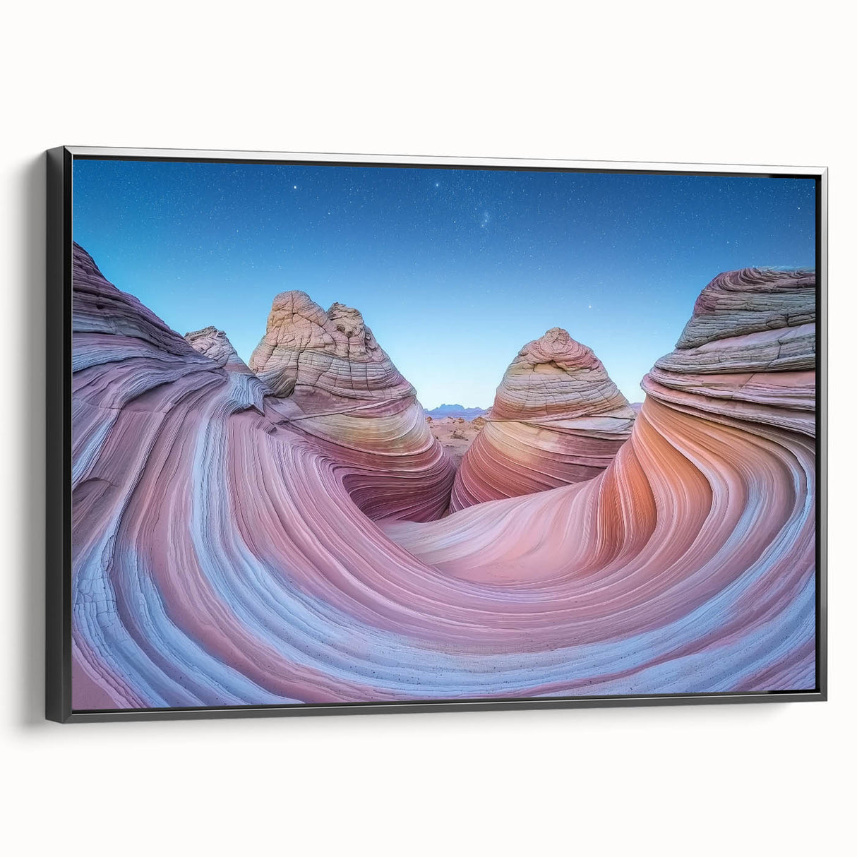 Framed landscape canvas print showcasing a stunning view of canyons, featuring rich earthy tones and a sleek black frame, perfect for home decor.