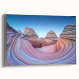 Framed landscape canvas featuring a stunning canyon view with vivid colors and a sleek silver frame, ideal for enhancing home decor and art collections.