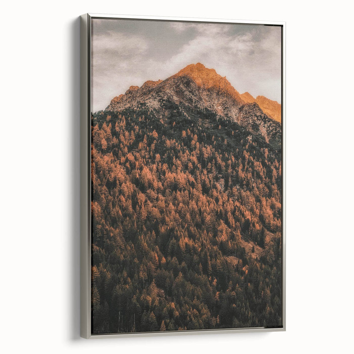 Framed canvas featuring a landscape art painting of autumn trees in vibrant orange and red hues, ideal for living room decor.