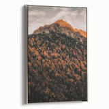 Framed canvas featuring a landscape art painting of autumn trees in vibrant orange and red hues, ideal for living room decor.