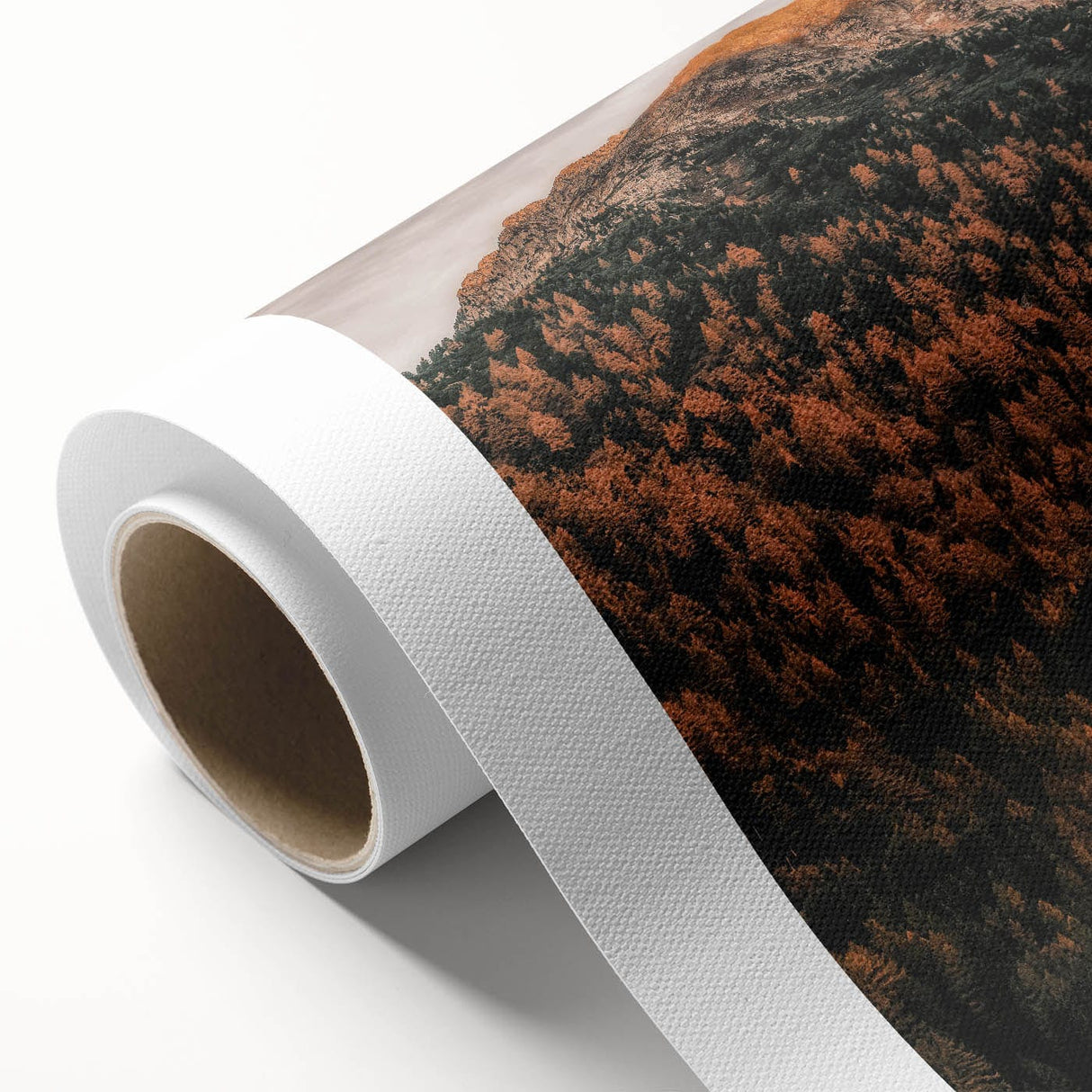Art Deco poster featuring a serene autumn landscape with warm orange and brown hues on rolled canvas.