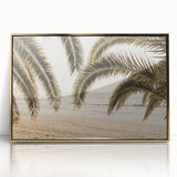 Mid-century modernist style large art print of a summer scene, framed in gold acrylic, with vibrant hues.