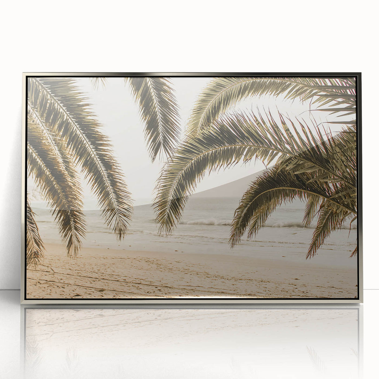 Mid-century modernist summer theme art in pastel colors on a silver-framed acrylic, suitable for nursery wall decor.