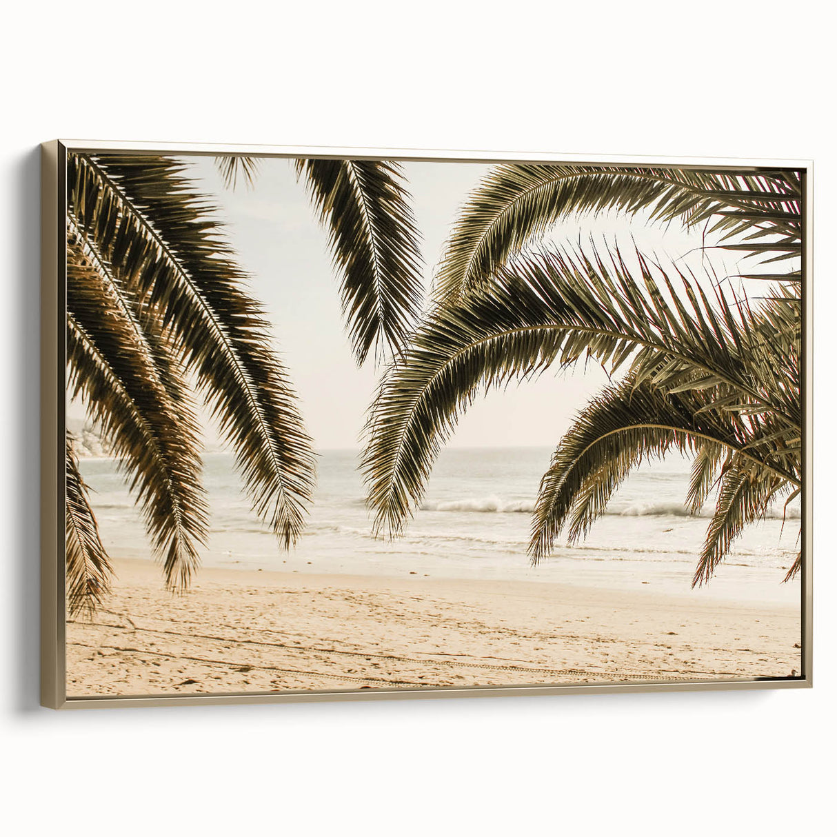 Framed canvas depicting a vintage-style landscape in muted gold and black tones, ideal for bedroom wall art.
