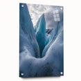 Acrylic landscape art depicting dramatic cliffs in vibrant colors, presented in a glass frame with stylish pins, ideal for modern home decor. Perfect for nature lovers.