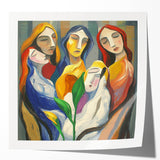 Abstract figurative art print showcasing vibrant colors and dynamic shapes, displayed in a glossy finish, perfect for modern interior decoration.