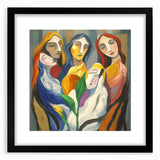 Abstract figurative framed artwork in a sleek black mat, showcasing a modern design with fluid shapes and vibrant colors, perfect for contemporary decor.