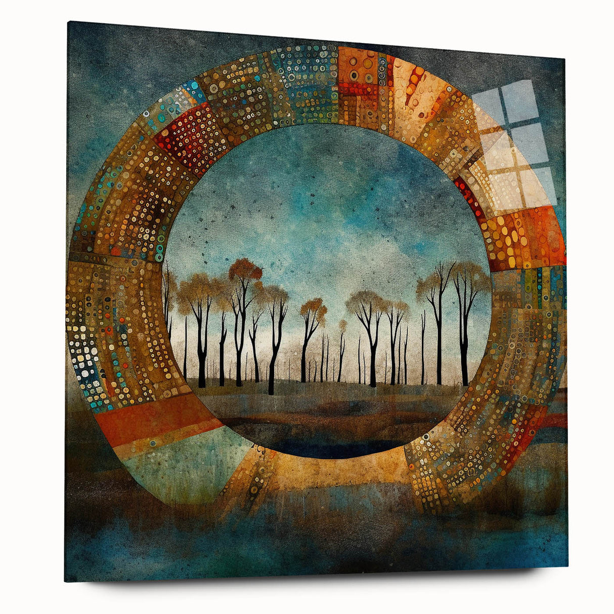 Abstract floral wall art design printed on acrylic glass, showcasing vibrant colors and intricate patterns, displayed from a side view without pins. Ideal for modern home decor.