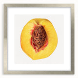 Textured art print of abstract fruit designs in muted earth tones, framed in silver, ideal for bedroom decor.