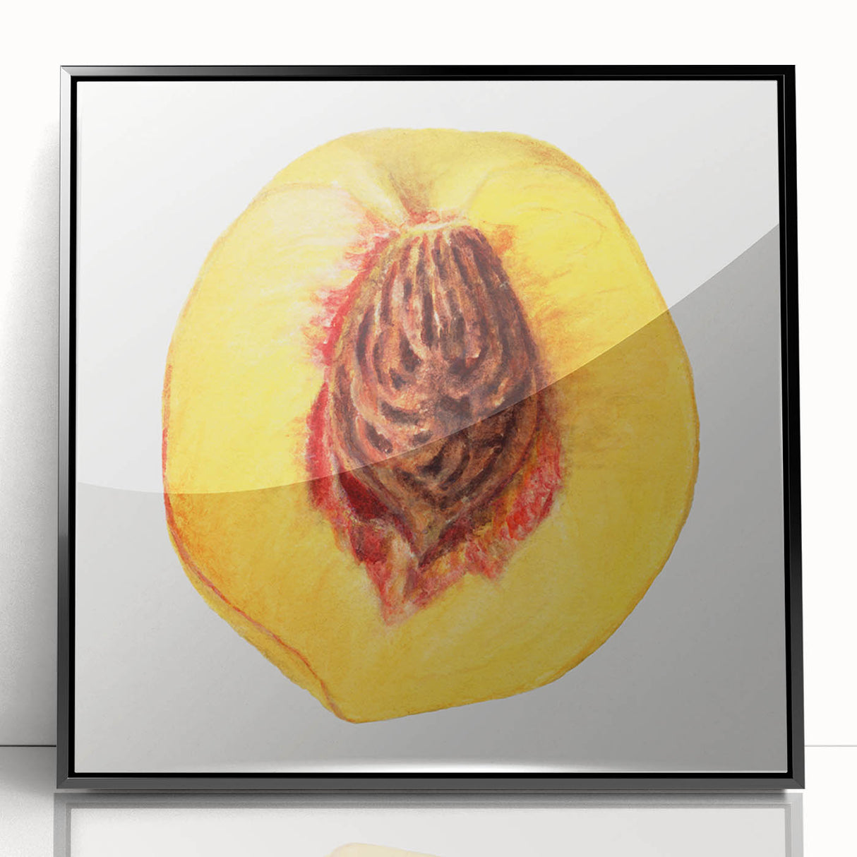 Large abstract wall art depicting assorted fruits in bold colors on a black acrylic frame, suitable for modern kitchen decor.