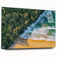 Acrylic glass artwork showcasing a serene beach landscape, side view with decorative pins, featuring vibrant colors and intricate details for a stunning visual impact.