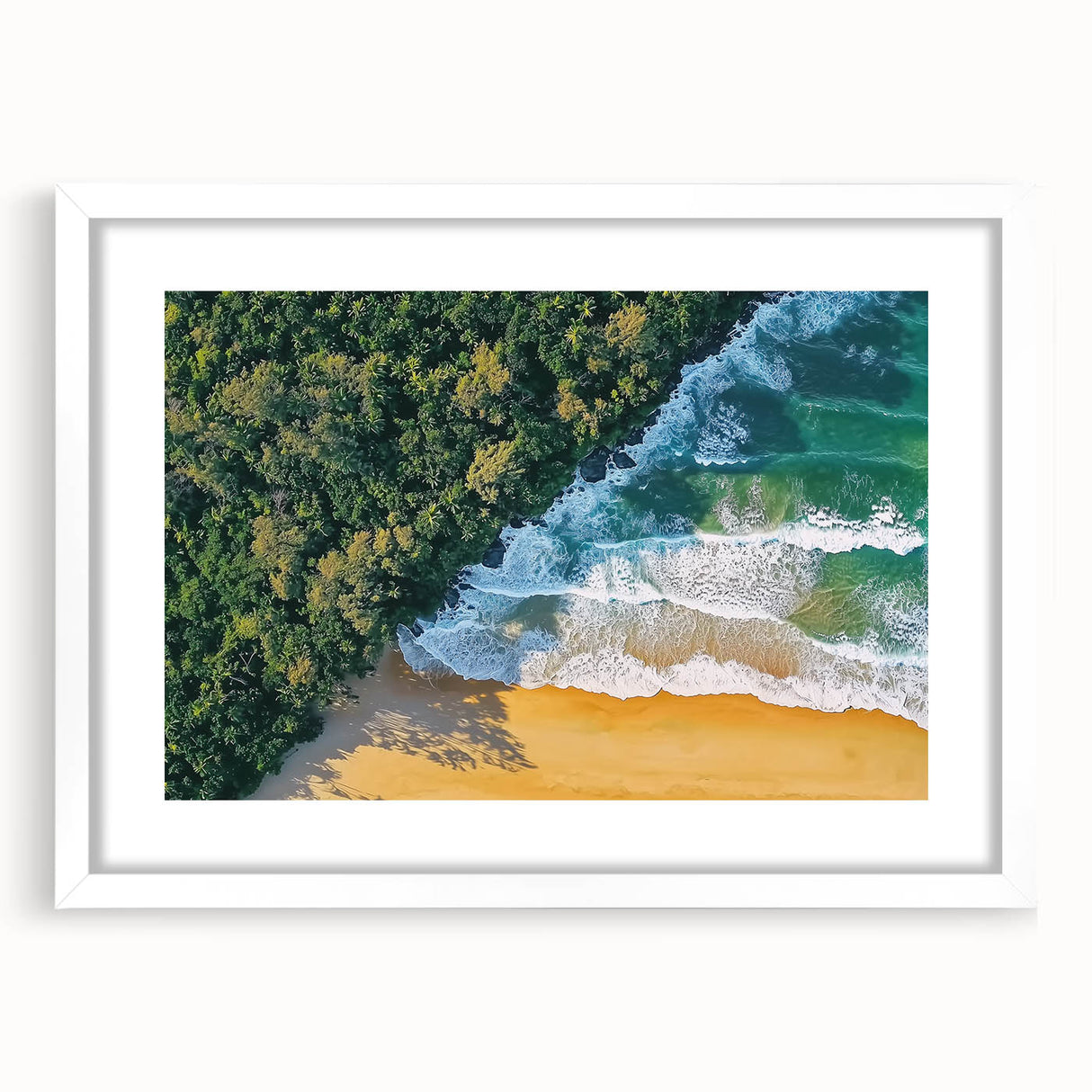 Landscape artwork featuring serene beach scene framed with a white mat, showcasing gentle waves and a clear sky, perfect for coastal home decor.